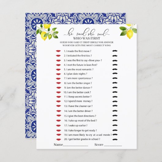 レモンの枝と青モザイク彼は彼女はゲームを言った (正面/裏面)