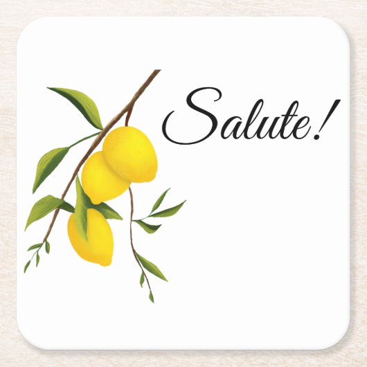 レモンの枝のデザインとSalute! スクエアペーパーコースター (正面)
