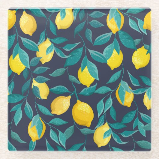 レモンの枝：青い装飾継ぎ目 ガラスコースター (正面)