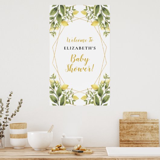 レモンの緑の幾何学的なフレーム赤ちゃんシャワーのサイン ポスター (キッチン)