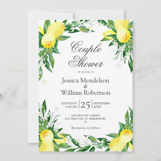レモンの緑の花のカップルのシャワー 招待状 (正面)