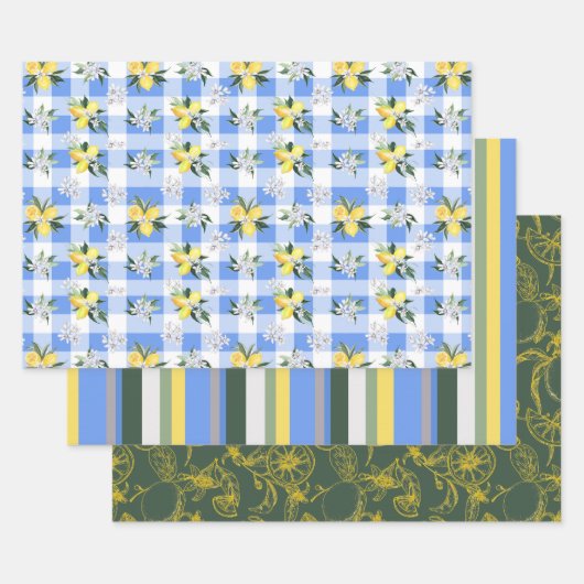 レモンの花と調整のストライプ ラッピングペーパーシート (セット)