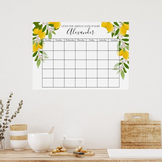 レモンの花のベイビーシャワー 出産予定日当てクイズ ポスター (キッチン)