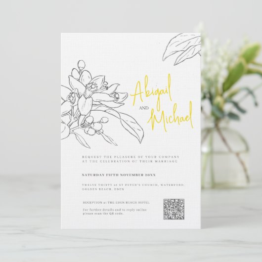 レモンの花は黄色いグレーの結婚スケッチ 招待状 (スタンド正面)