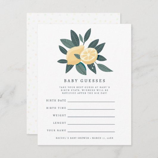 レモンの赤ちゃんシャワー推理ゲームカード 招待状 (正面/裏面)