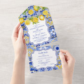 レモンの青い結婚タイル オールインワン招待状 (貼ってはがせる)