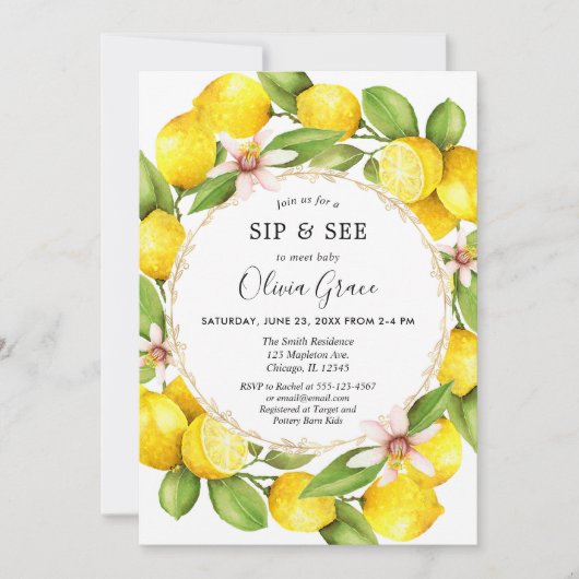 レモンの香りと見て、会って赤ちゃんの女の子を迎える 招待状 (正面)
