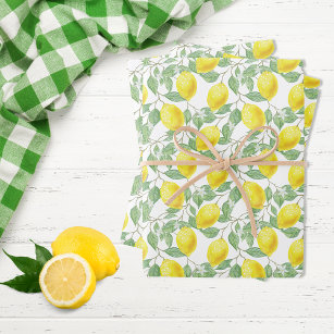 レモンの黄色い白い緑の夏のパターン ラッピングペーパーシート