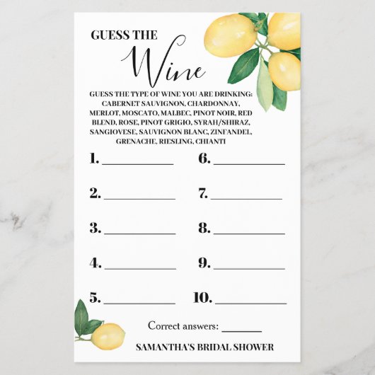 レモンはワインカップルのシャワーゲームカードを推測 チラシ (正面)