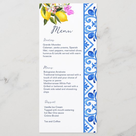 レモンをテーマ地中海のにした青いタイルテンプレート メニュー (正面)