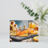 レモンを添えて鮭を焼くミニチュア労働者 シーズンポストカード (スタンド正面)