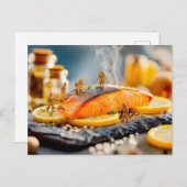 レモンを添えて鮭を焼くミニチュア労働者 シーズンポストカード (正面/裏面)