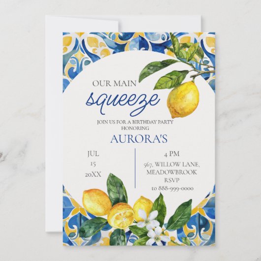 レモンアウ地中海のィーメインスクイーズ誕生日 招待状 (正面)