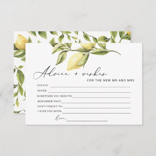 レモンアドバイス&ウィッシュブライダルシャワーゲームカード エンクロージャーカード (正面/裏面)