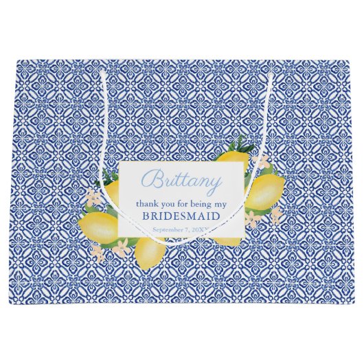 レモンアマルフィブルータイル結婚式パーティーありがとう ラージペーパーバッグ (正面)