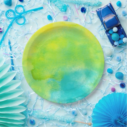 レモンイエローとターコイズブルーウォーター色 ペーパープレート (パーティー)