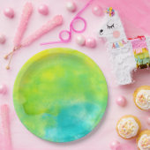 レモンイエローとターコイズブルーウォーター色 ペーパープレート (パーティー)