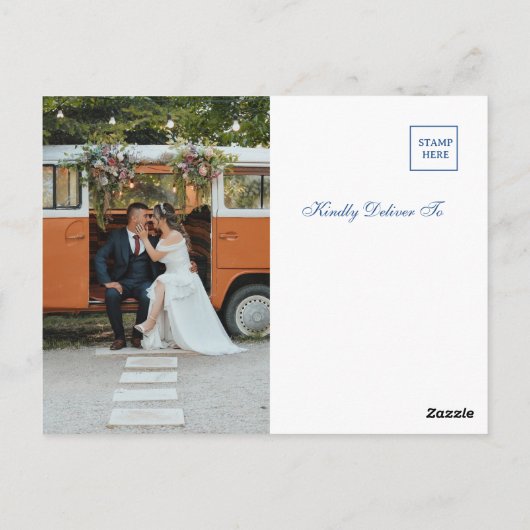 レモンイエローとネイビーブルーのウェディング サンクス ポストカード (裏面)