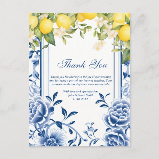 レモンイエローとネイビーブルーのウェディング サンクス ポストカード (正面)