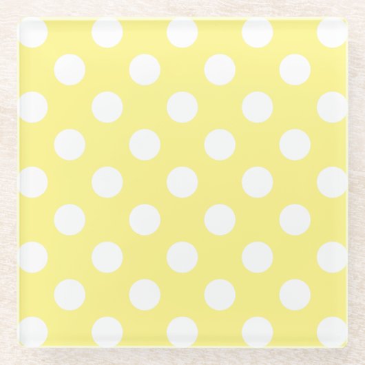 レモンイエローの白水玉模様 ガラスコースター (正面)