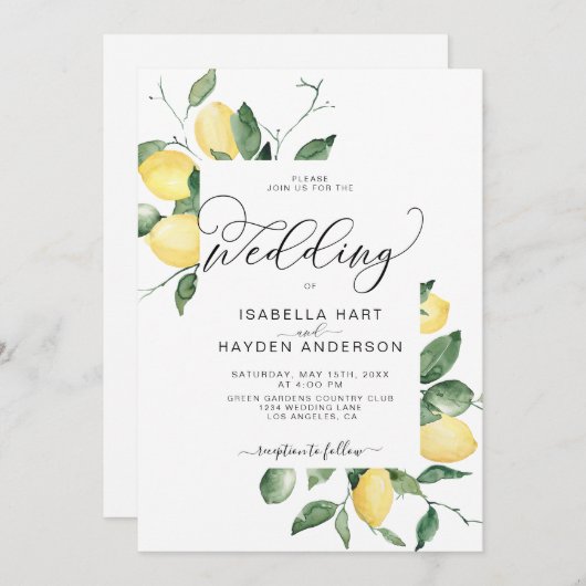 レモンイエローガーデンサマーレモン結婚フルーツ 招待状 (正面/裏面)