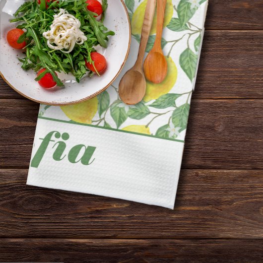 レモンイエローパターン名前をカスタムする白 キッチンタオル