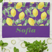 レモンイエローパターン名前をカスタムする紫 キッチンタオル (折り畳み)