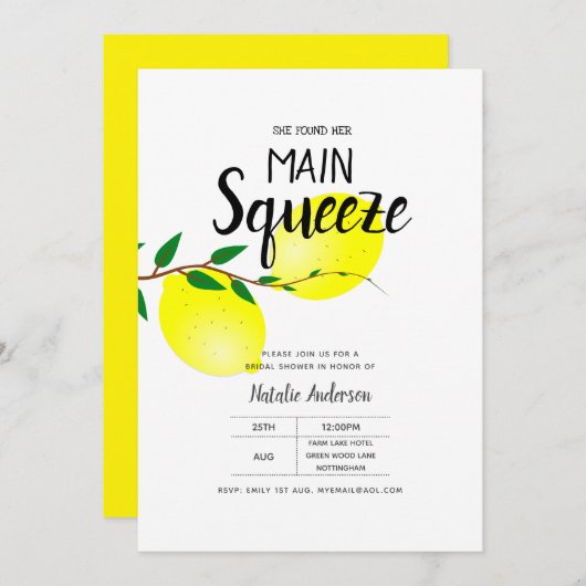 レモンイエローブライダルシャワー彼女は彼女の絞りを見つけた 招待状 (正面/裏面)