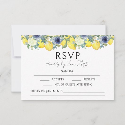 レモンイエローブルーフローラ夏季結婚式RSVPカード 出欠カード (正面)