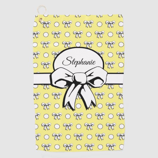 レモンイエローホワイト水玉模様弓パーソナライズされた ゴルフタオル (正面)