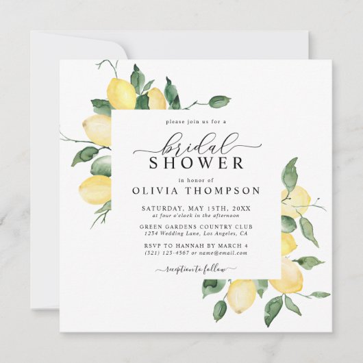 レモンイエローボホウォーター色エレガントブライダルシャワー 招待状 (正面)