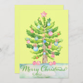レモンイエローメリークリスマスツリーホリデーカード シーズンカード (正面/裏面)