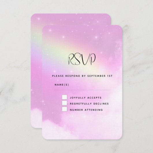 レモンイエローレインボーウェディング付きピンクスカイRSVP 出欠カード (正面/裏面)