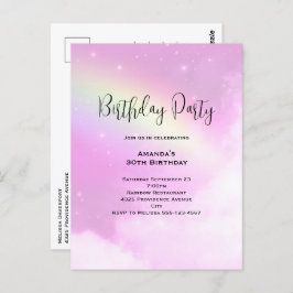 レモンイエローレインボー付きピンクスカイ誕生日招待状 ポストカード