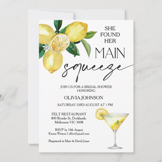 レモンイエロー彼女がメインスクイーズブライダルシャワーを見つけた 招待状 (正面)