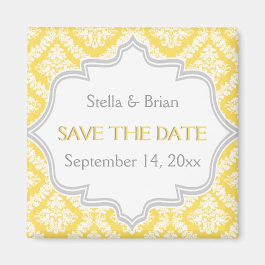 レモンイエロー、グレーダマスクの結婚式の日付を保存 マグネット (正面)