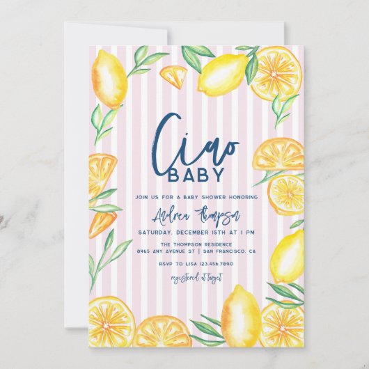 レモンイエロー シトラス レトロ モダン ベビーシャワー 招待状 (正面)