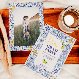 レモンイタリアンブルーのタイル水彩卒業 招待状