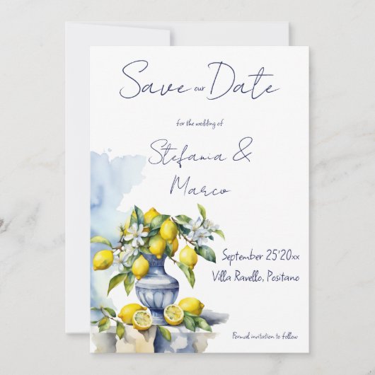 レモンイタリアン入りアマルフィ青い花瓶 セーブザデート (正面)