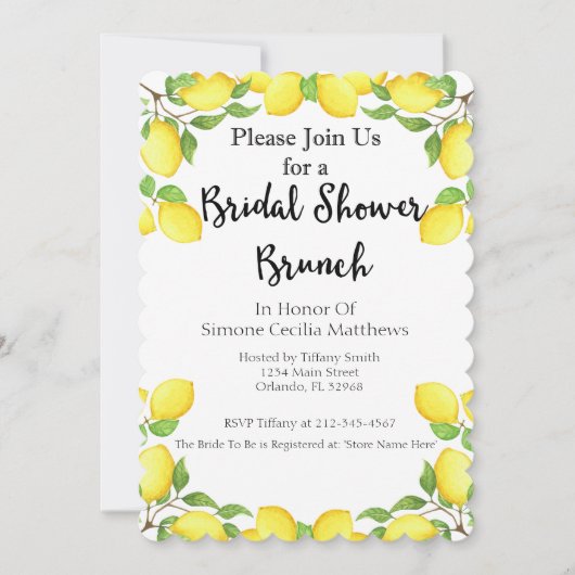 レモンウォーターカラーブライダルシャワーブランチ招待状 招待状 (正面)