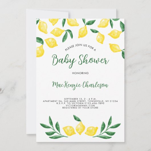 レモンウォーターカラーベビーシャワー招待状 招待状 (正面)