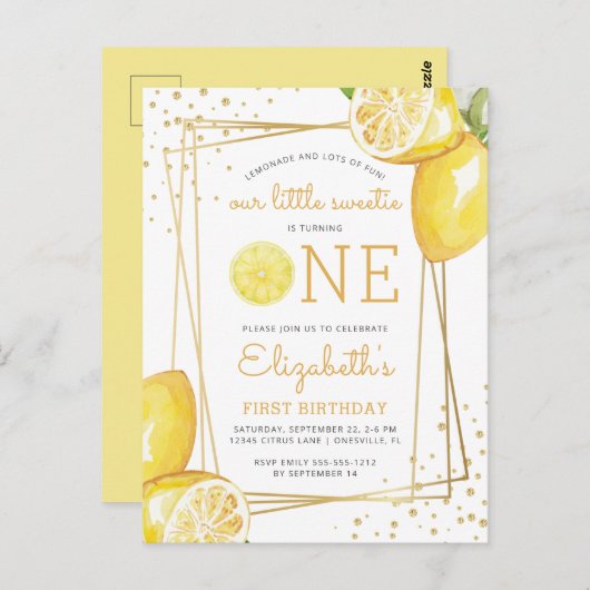 レモンウォーターカラー1st誕生日パーティの招待状 ポストカード (正面/裏面)