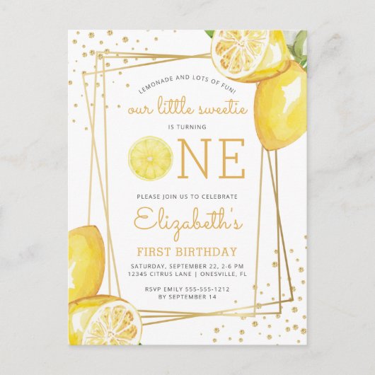 レモンウォーターカラー1st誕生日パーティの招待状 ポストカード (正面)