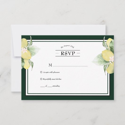 レモンエメ縁どラルドグリーンウェディングRSVP 出欠カード (正面)