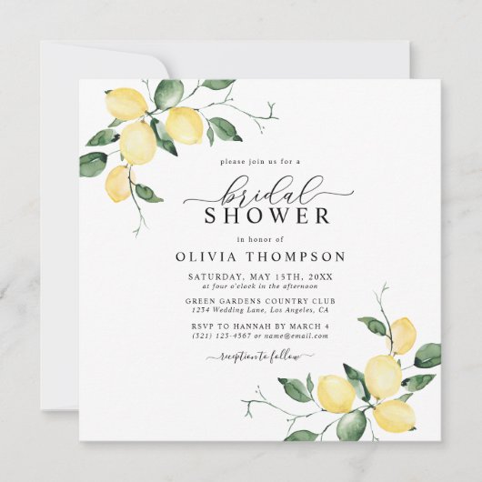 レモンエレガントウォーターカラーブライダルシャワー 招待状 (正面)