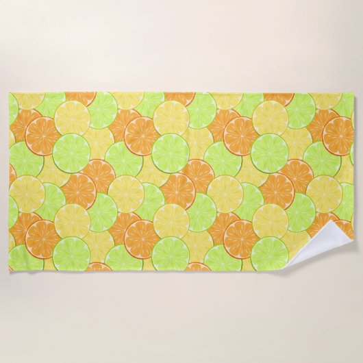 レモンオレンジライムフルーツ片柑橘類フルーツオレンジ ビーチタオル (正面)