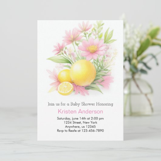 レモンガーデンお祝いピンクガールベビーシャワー 招待状 (スタンド正面)