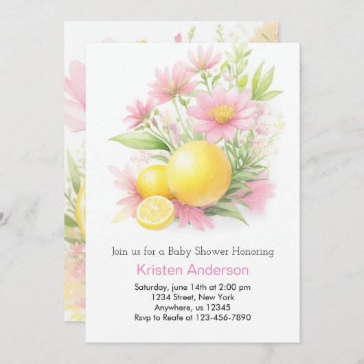 レモンガーデンお祝いピンクガールベビーシャワー 招待状 (正面/裏面)