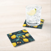 レモンガーデンパターン。黄色い熱帯柑橘類の果実 スクエアペーパーコースター (インサイチュ)