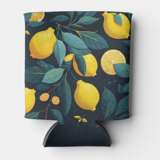 レモンガーデンパターン。黄色い熱帯柑橘類の果実 缶クーラー (正面)